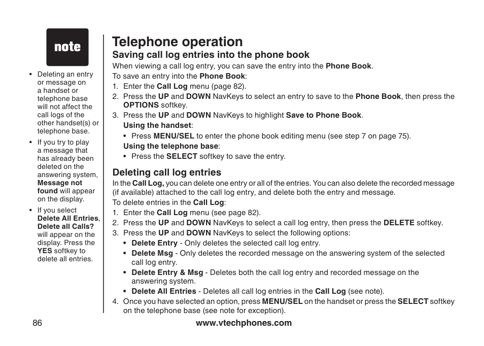 Deleting call log entries, Saving call log entries into the directory, Saving call log entries into the phone book | Telephone operation | VTech LS5145 User Manual | Page 90 / 128