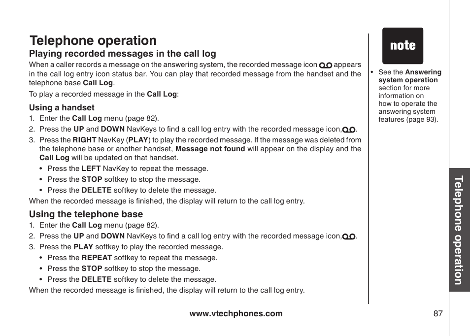 Play recorded messages in the call log, Playng recorded messages n the call log, Telephone operation | Bas ic o pe ra tio n | VTech LS5145 User Manual | Page 91 / 128