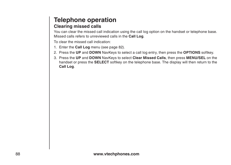 Clear missed calls, Clearng mssed calls, Telephone operation | VTech LS5145 User Manual | Page 92 / 128