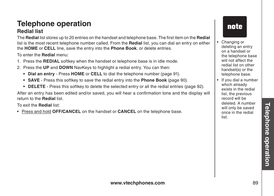 Redial list, Redal lst, Telephone operation | Bas ic o pe ra tio n | VTech LS5145 User Manual | Page 93 / 128