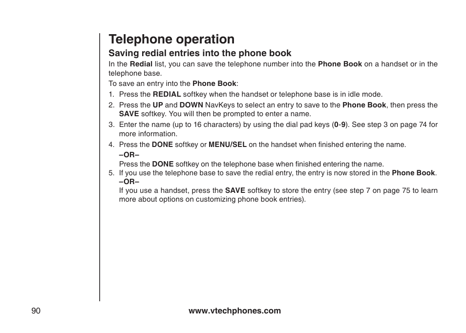 Saving redial entries into the directory, Saving redial entries into the phone book, Savng redal entres nto the phone book | Telephone operation | VTech LS5145 User Manual | Page 94 / 128