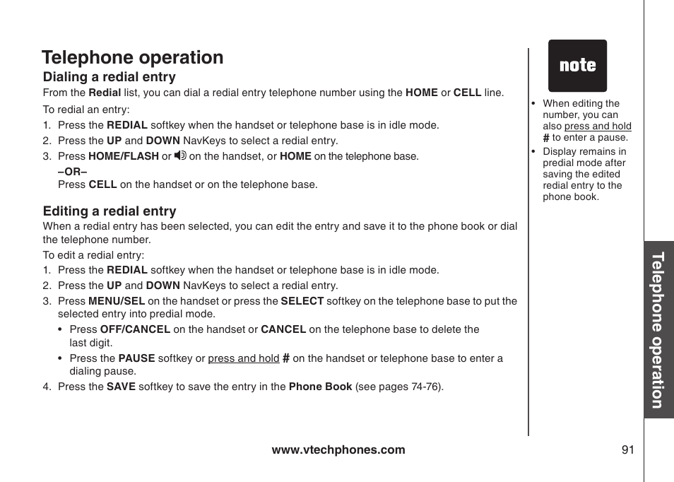 Dialing a redial entry, Editing a redial entry, Dalng a redal entry edtng a redal entry | Telephone operation, Bas ic o pe ra tio n | VTech LS5145 User Manual | Page 95 / 128