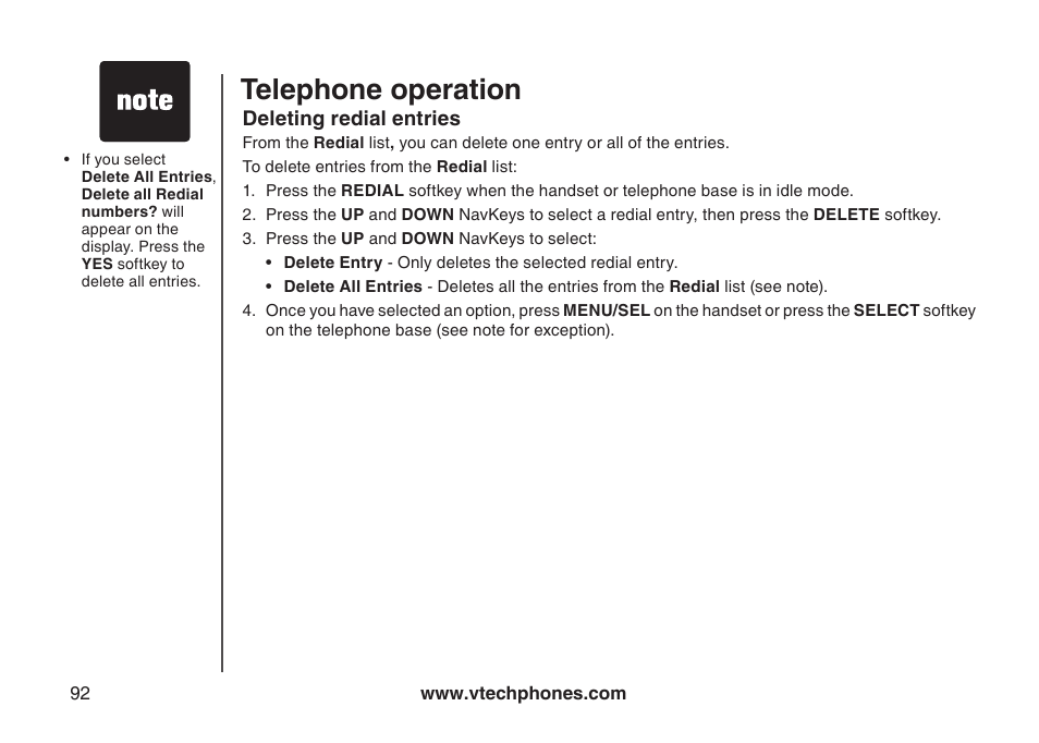 Dialing a redial entry, Editing a redial entry, Deleting redial entries | Deletng redal entres, Telephone operation | VTech LS5145 User Manual | Page 96 / 128