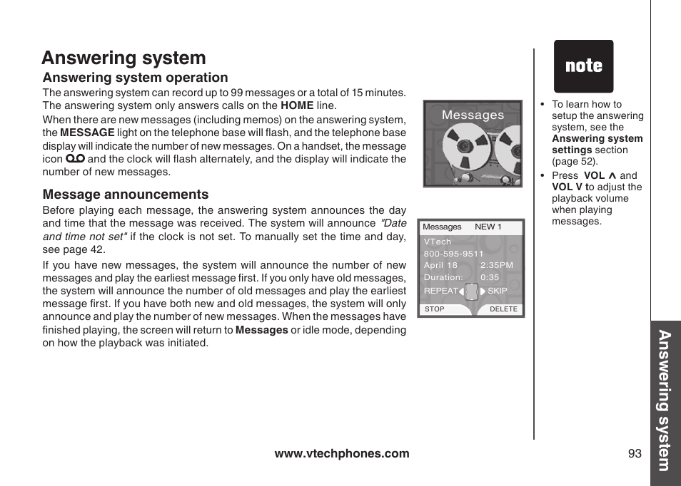 Deleting redial entries, Answering system, Answering system operation | Answering system answerng system operaton, Bas ic o pe ra tio n | VTech LS5145 User Manual | Page 97 / 128