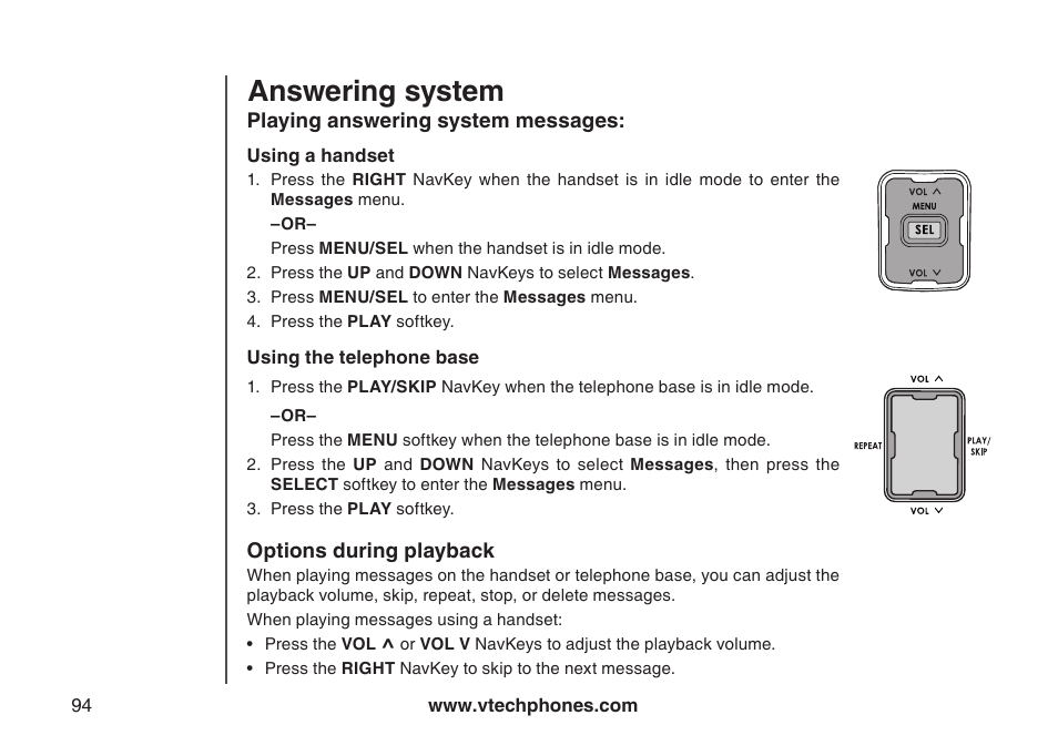 Message announcements, Options during playback, Optons durng playback | Answering system | VTech LS5145 User Manual | Page 98 / 128