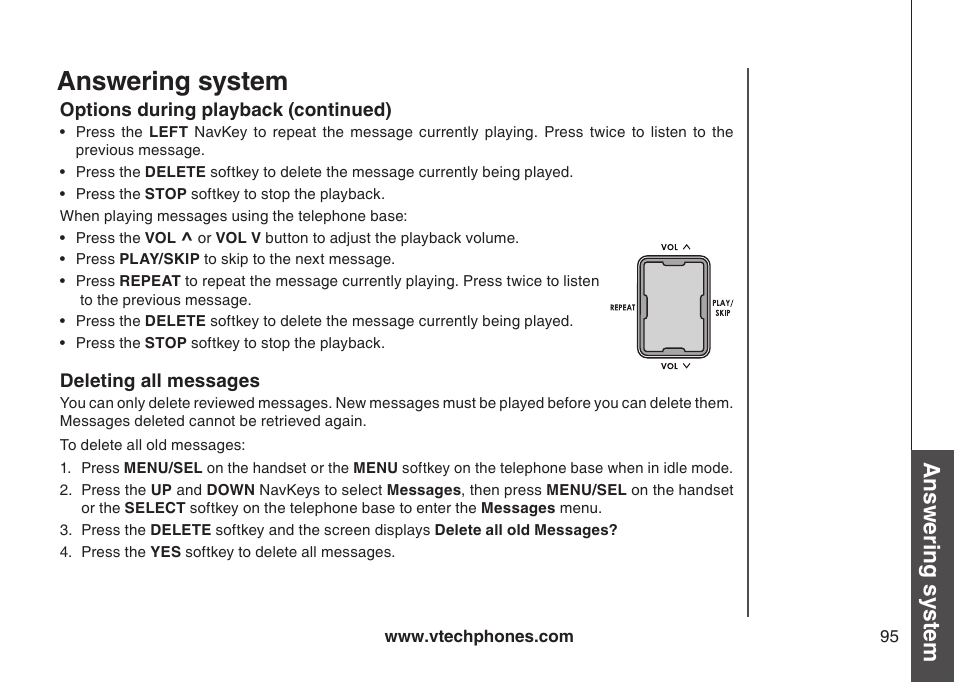 Message announcements, Options during playback, To delete all messages | Deletng all messages, Answering system, Bas ic o pe ra tio n | VTech LS5145 User Manual | Page 99 / 128