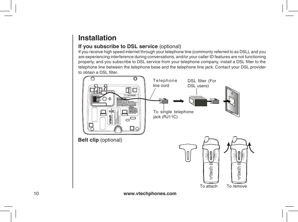 Belt clip (optional), If you subscribe to dsl service (optional), Installation | VTech mi6885 User Manual | Page 10 / 60