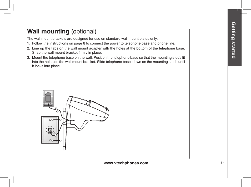 Wall mounting (optional) | VTech mi6885 User Manual | Page 11 / 60