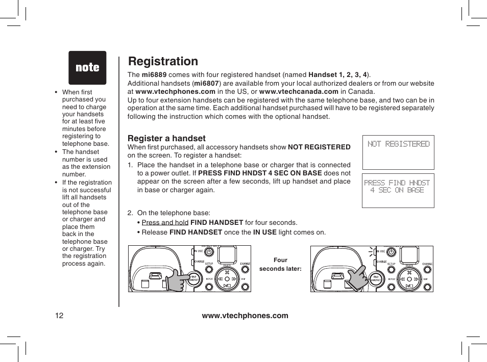 Register a handset, Registration | VTech mi6885 User Manual | Page 12 / 60