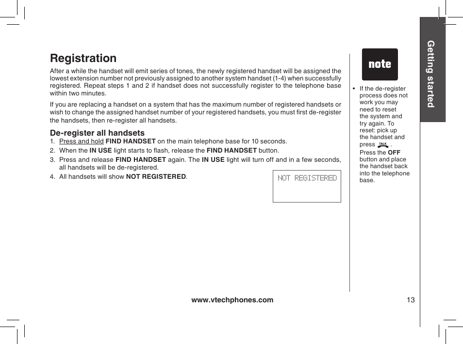 De-register all handsets, Registration, Gett in g s ta rte d | VTech mi6885 User Manual | Page 13 / 60