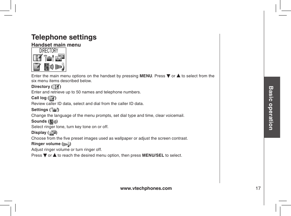 Handset main menu, Telephone settings | VTech mi6885 User Manual | Page 17 / 60