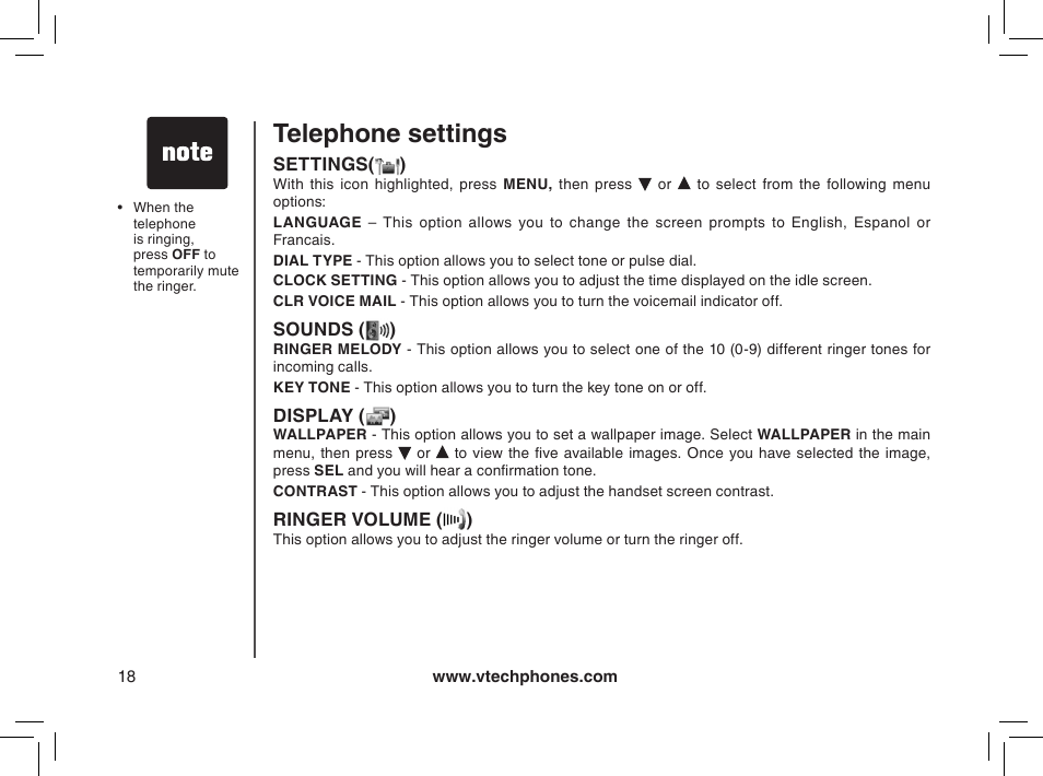 Telephone settings | VTech mi6885 User Manual | Page 18 / 60