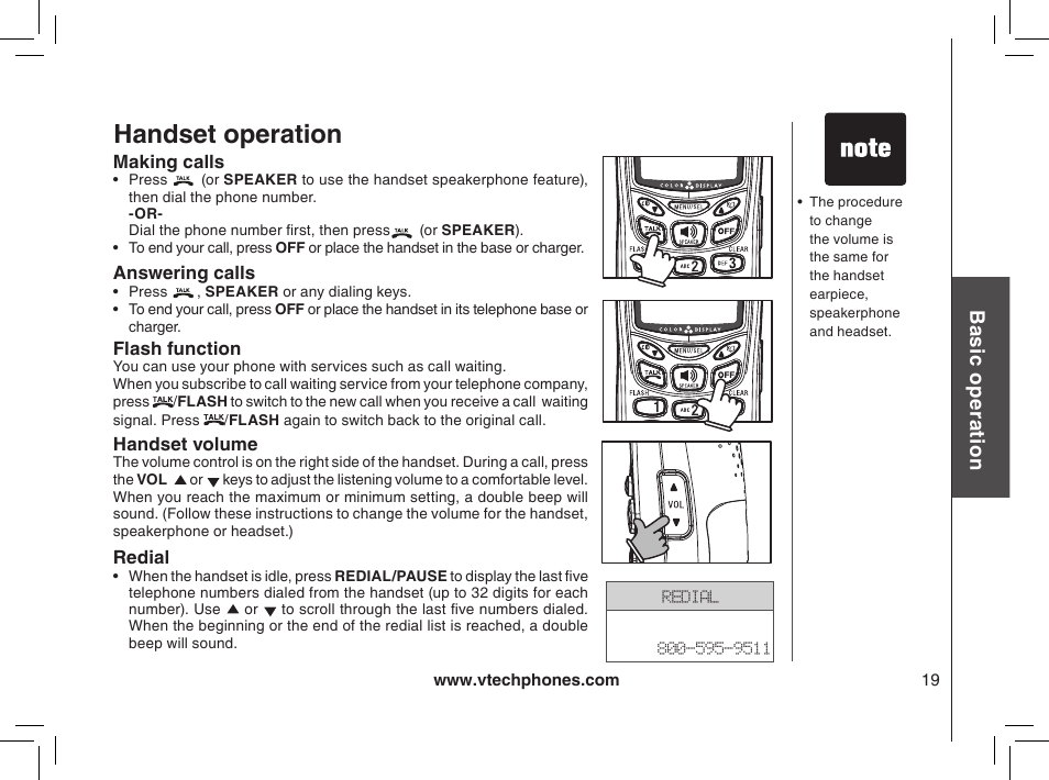 Answering calls, Flash function, Handset operation | Handset volume, Making calls, Redial, Bas ic o pe ra tio n | VTech mi6885 User Manual | Page 19 / 60
