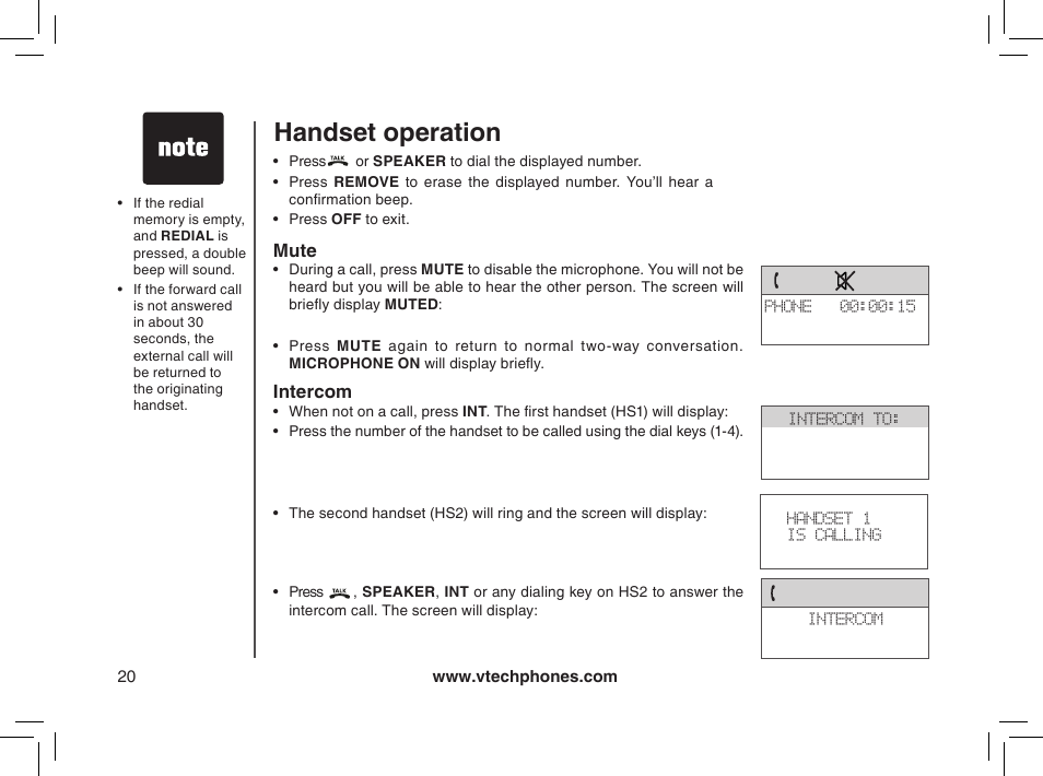 Intercom, Mute, Handset operation | VTech mi6885 User Manual | Page 20 / 60