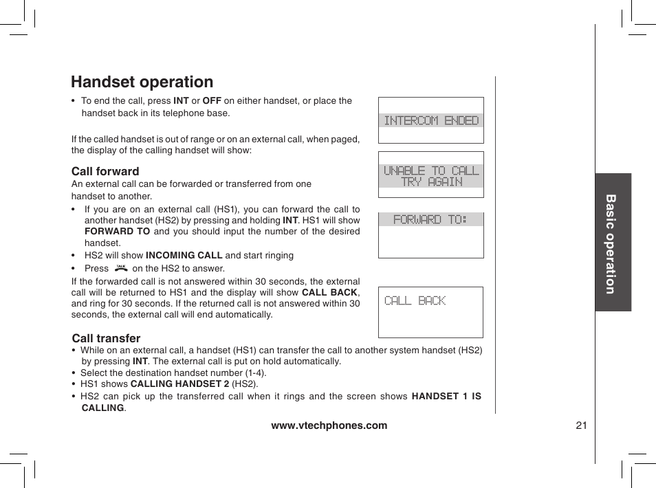 Call forward, Call transfer, Handset operation | Bas ic o pe ra tio n | VTech mi6885 User Manual | Page 21 / 60