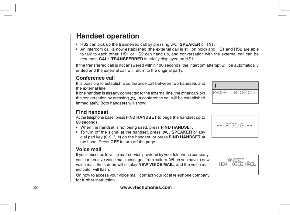 Conference call, Find handset, Voice mail | Handset operation | VTech mi6885 User Manual | Page 22 / 60