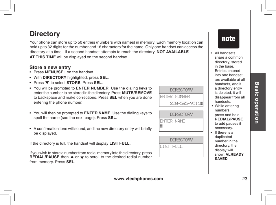 Directory, Store a new entry, Bas ic o pe ra tio n | VTech mi6885 User Manual | Page 23 / 60