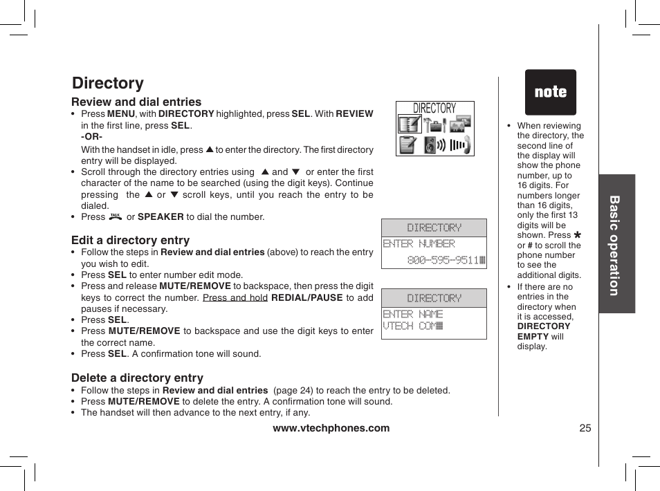 Delete a directory entry, Edit a directory entry, Directory | Bas ic o pe ra tio n | VTech mi6885 User Manual | Page 25 / 60