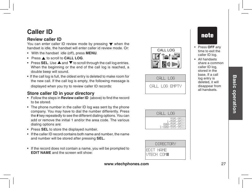 Review caller id, Store caller id in your directory, Caller id | Bas ic o pe ra tio n | VTech mi6885 User Manual | Page 27 / 60