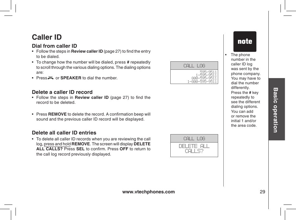 Delete a caller id record, Dial from caller id, Caller id | Bas ic o pe ra tio n | VTech mi6885 User Manual | Page 29 / 60