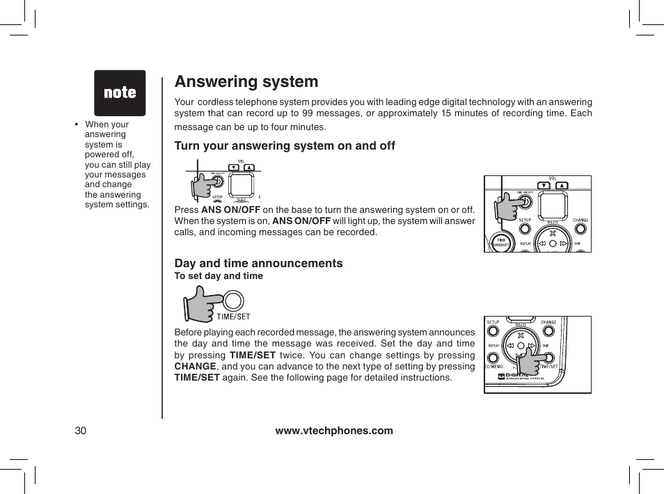 Answering system operation, Day and time announcements, Turn your answering system on and off | Answering system | VTech mi6885 User Manual | Page 30 / 60