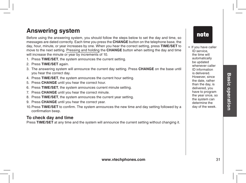 To check day and time, Answering system, Bas ic o pe ra tio n | VTech mi6885 User Manual | Page 31 / 60