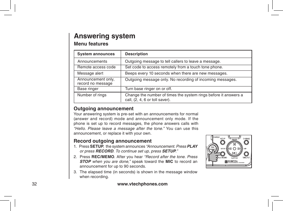 Menu features, Outgoing announcement, Record outgoing announcement | Answering system | VTech mi6885 User Manual | Page 32 / 60