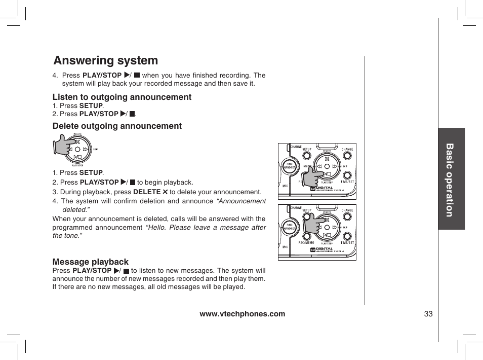 Delete outgoing announcement, Listen to outgoing announcement, Message playback | Answering system | VTech mi6885 User Manual | Page 33 / 60