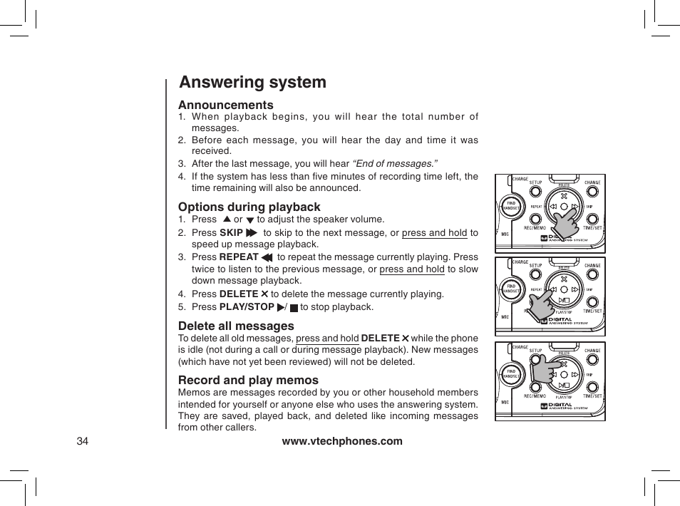 Announcements, Delete all messages, Options during playback | Record and play memos, Answering system | VTech mi6885 User Manual | Page 34 / 60