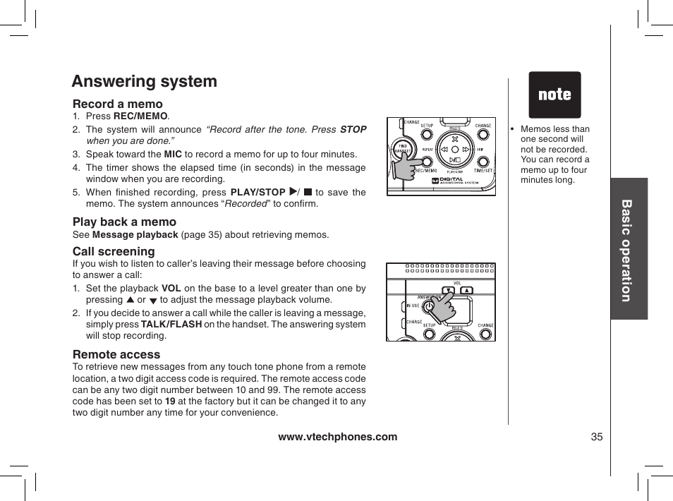 Call screening, Play back a memo, Record a memo | Remote access, Answering system, Bas ic o pe ra tio n | VTech mi6885 User Manual | Page 35 / 60