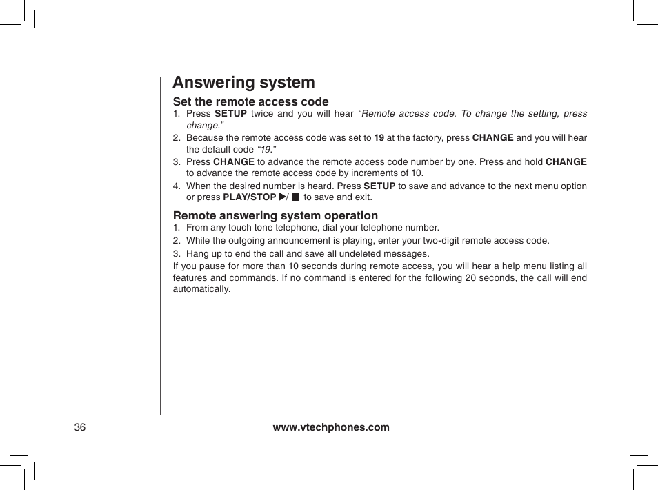 Remote answering system operation, Set the remote access code, Answering system | VTech mi6885 User Manual | Page 36 / 60