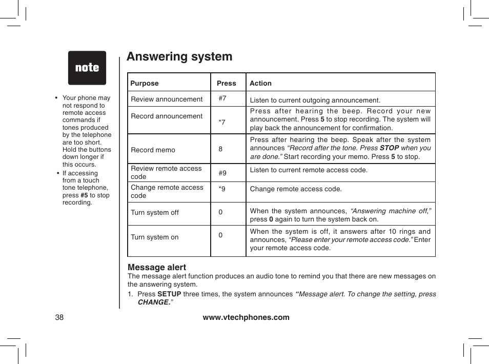 Message alert, Answering system | VTech mi6885 User Manual | Page 38 / 60