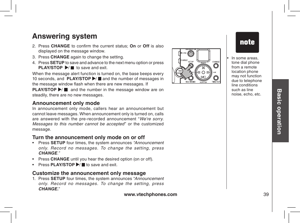 Announcement only mode, Customize the announcement only message, Turn the announcement only mode on or off | Answering system, Bas ic o pe ra tio n | VTech mi6885 User Manual | Page 39 / 60