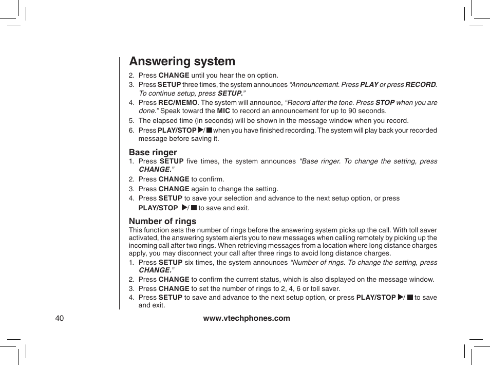 Base ringer, Number of rings, Answering system | VTech mi6885 User Manual | Page 40 / 60
