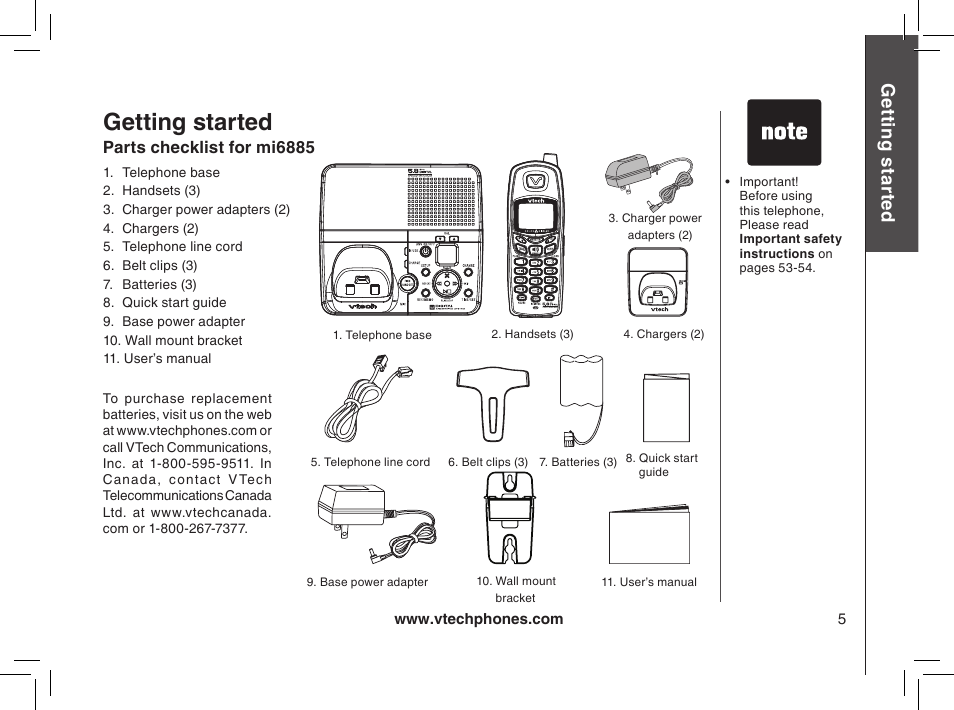 Getting started, Parts checklist for mi6885, Gett in g s ta rte d | VTech mi6885 User Manual | Page 5 / 60