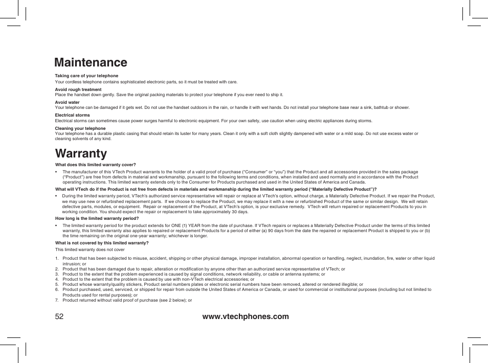 Maintenance, Warranty | VTech mi6885 User Manual | Page 52 / 60