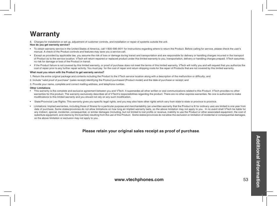 Important safety instructions, Warranty, Additional information | VTech mi6885 User Manual | Page 53 / 60