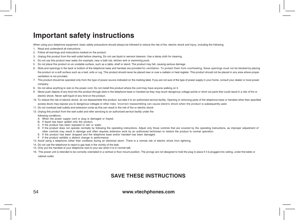 Important safety instructions, Save these instructions | VTech mi6885 User Manual | Page 54 / 60