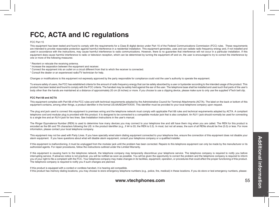 Fcc, acta and ic regulations, Additional information | VTech mi6885 User Manual | Page 55 / 60