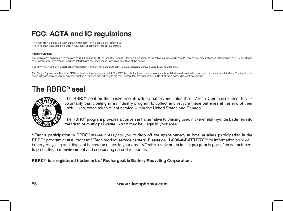 Fcc, acta and ic regulations, The rbrc® seal, The rbrc | Seal fcc, acta and ic regulations | VTech mi6885 User Manual | Page 56 / 60
