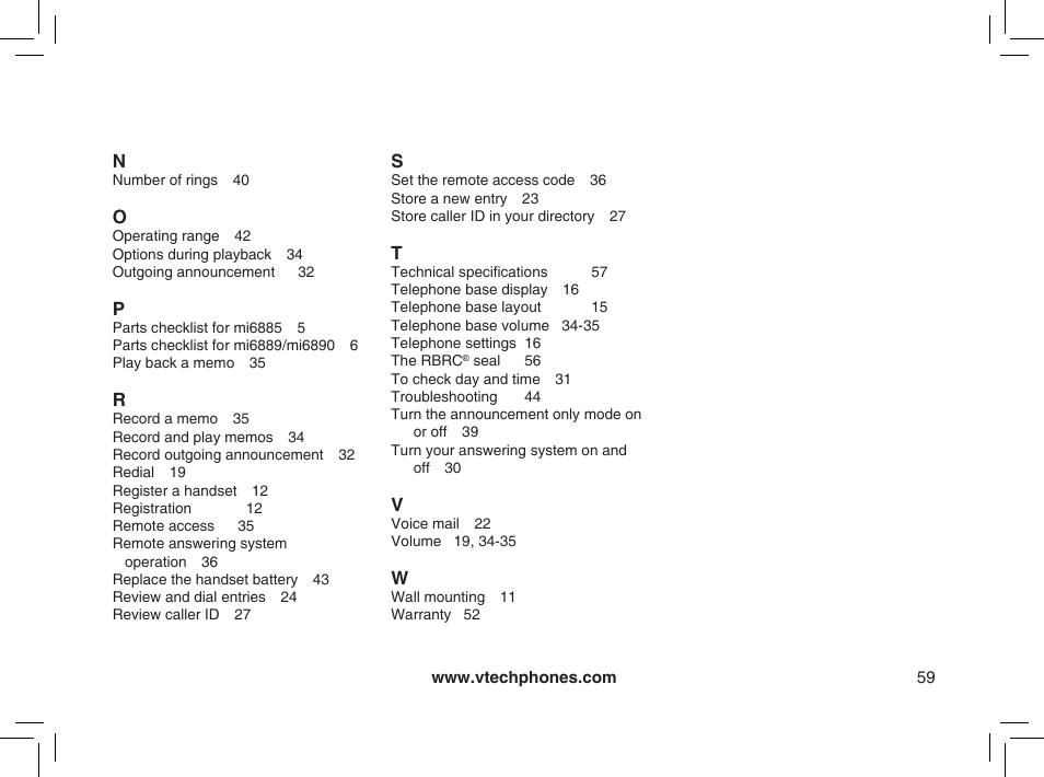 VTech mi6885 User Manual | Page 59 / 60