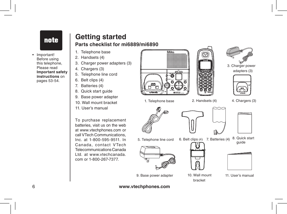 Parts checklist for mi6889, Getting started | VTech mi6885 User Manual | Page 6 / 60