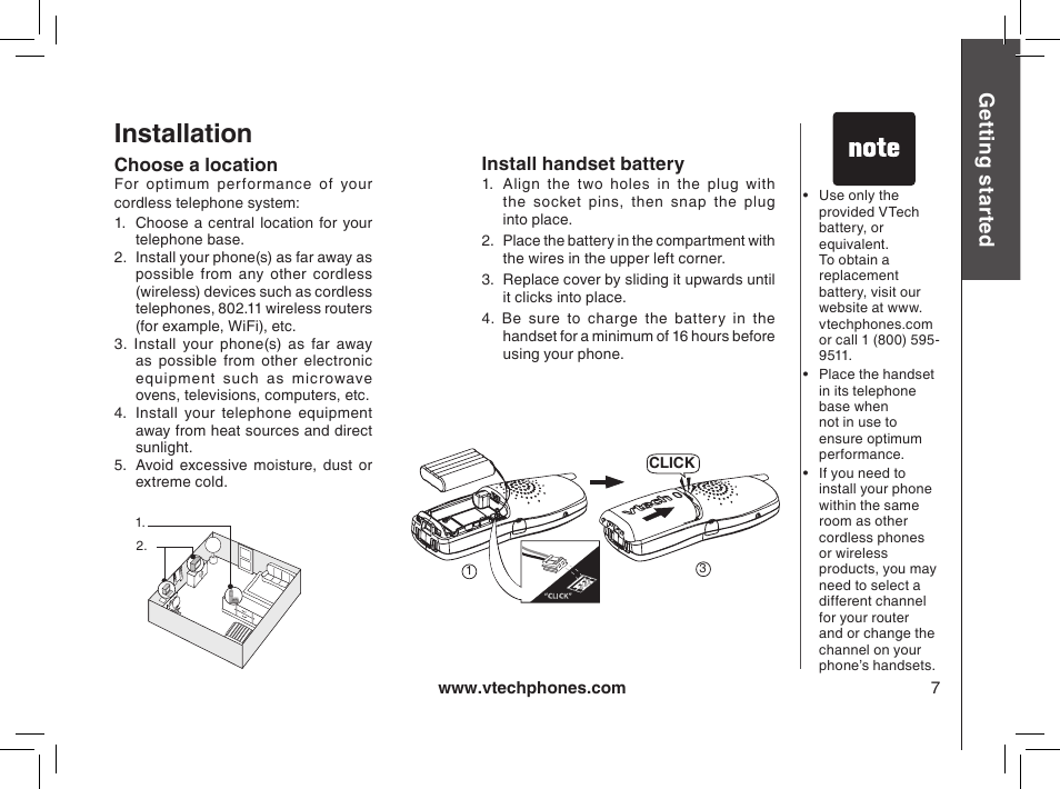 Choose a location, Installation, Install handset battery | Gett in g s ta rte d | VTech mi6885 User Manual | Page 7 / 60