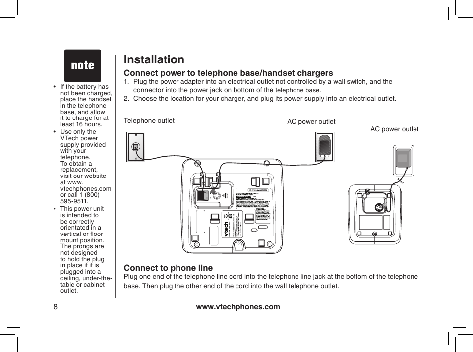 Connect power to telephone base/handset chargers, Connect to phone line, Installation | Gett in g s ta rte d | VTech mi6885 User Manual | Page 8 / 60