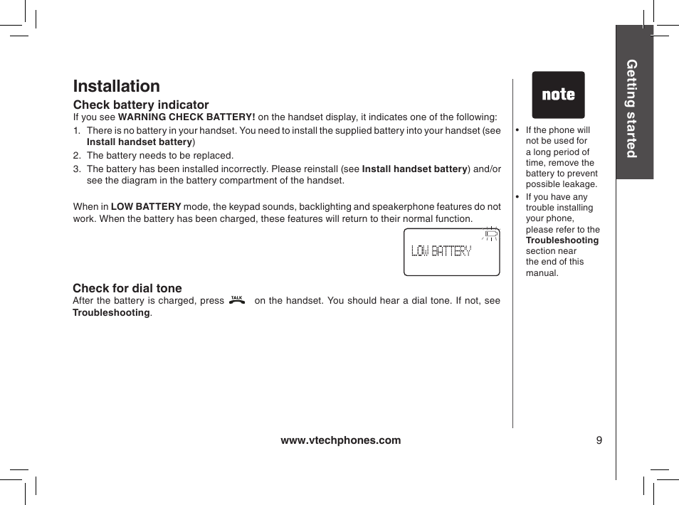 Check battery indicator, Check for dial tone, Installation | VTech mi6885 User Manual | Page 9 / 60