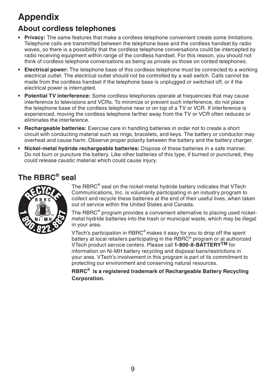 Appendix, About cordless telephones, The rbrc | Seal | VTech DECT 6.0 CS6219-4 User Manual | Page 12 / 18