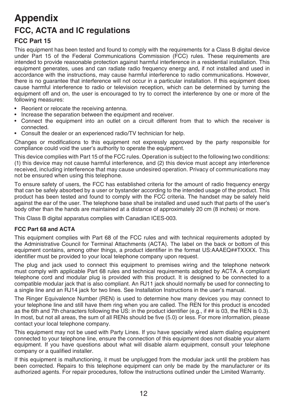 Appendix, Fcc, acta and ic regulations | VTech DECT 6.0 CS6219-4 User Manual | Page 15 / 18