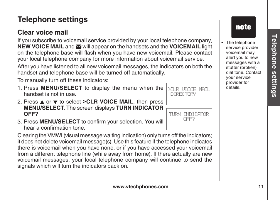 Telephone settings, Te le ph on e s ett in gs, Clear voice mail | VTech DECT DS6121-2 User Manual | Page 15 / 74