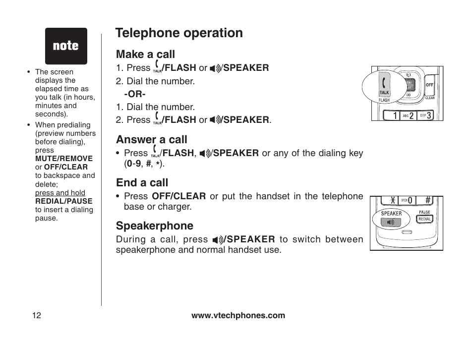 Telephone operation, Make a call, Answer a call | End a call, Speakerphone | VTech DECT DS6121-2 User Manual | Page 16 / 74