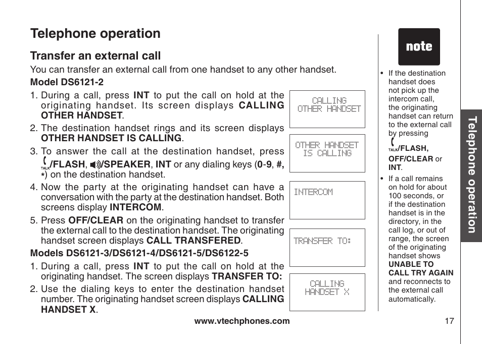 Telephone operation, Te le ph on e o pe ra tio n, Transfer an external call | VTech DECT DS6121-2 User Manual | Page 21 / 74